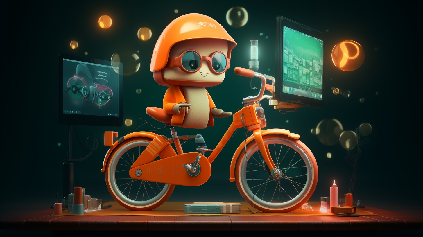 a cute animated bicycle using a laptop that has a helmet on it