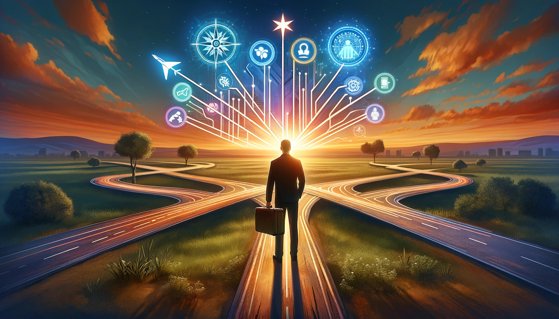 An AI-generated image showing some business guy standing at a crossroads, looking at a wide array of paths and opportunities floating in the sky.