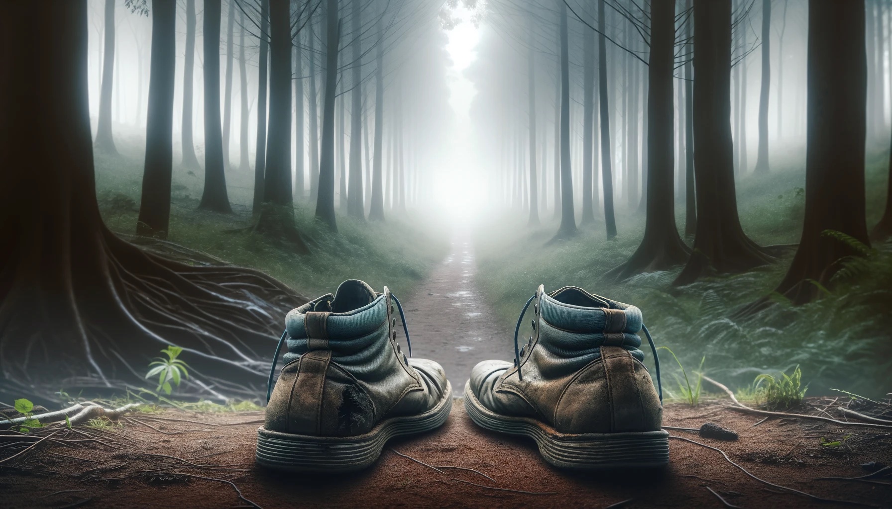 A pair of worn-out shoes at the edge of a path leading into a misty forest.